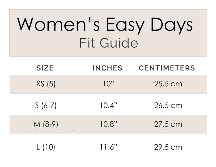 Fit guide for women's clothing with size measurements in inches and centimeters.