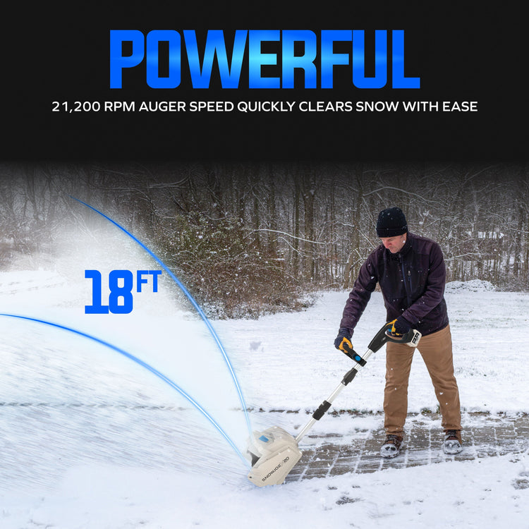 Person using a snow shoveling tool with text highlighting power and reach in a snowy outdoor setting.