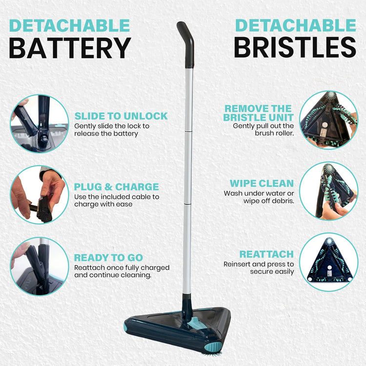 Cleaning tool with detachable battery and bristles, featuring instructions on how to use it.