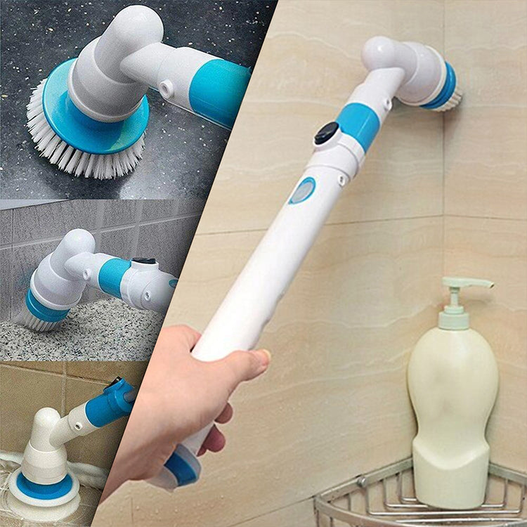 Multifunctional cleaning brush with extension handle in use on a tiled wall.