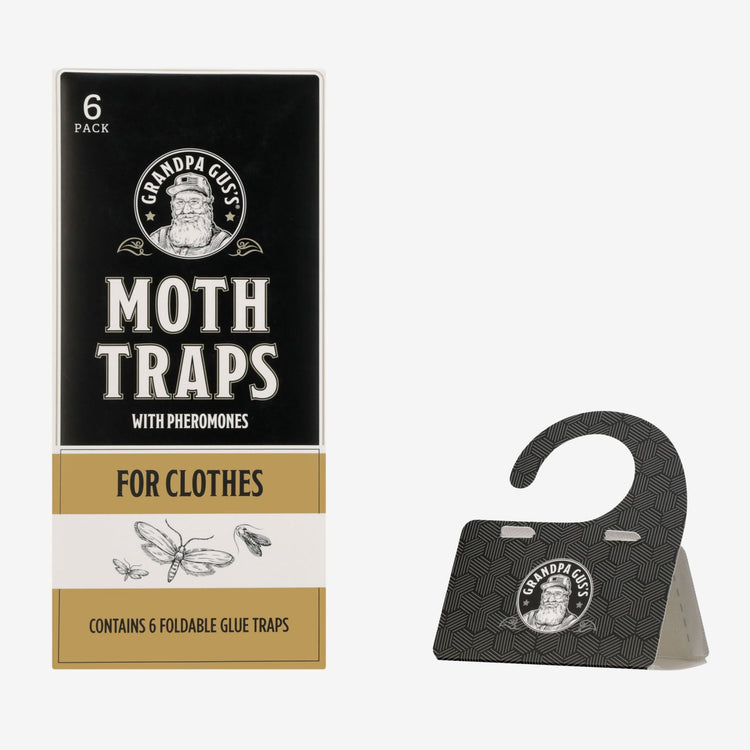 Grandpa Gus' moth traps packaging with a black trap on a white background