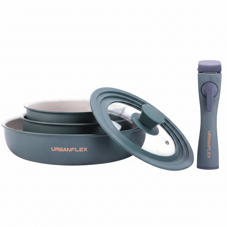 Set of gray cookware with lids and a flashlight on a white background, featuring the Urbanflex brand.