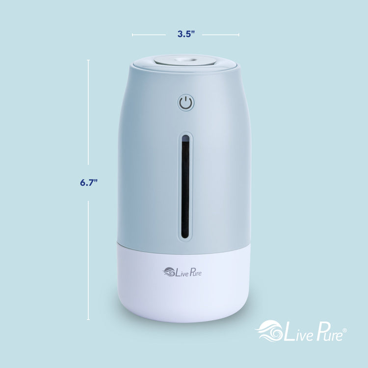 White humidifier with dimensions labeled on a light blue background, featuring the Live Pure brand.