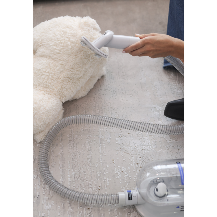 Person using a handheld vacuum cleaner on a carpeted floor