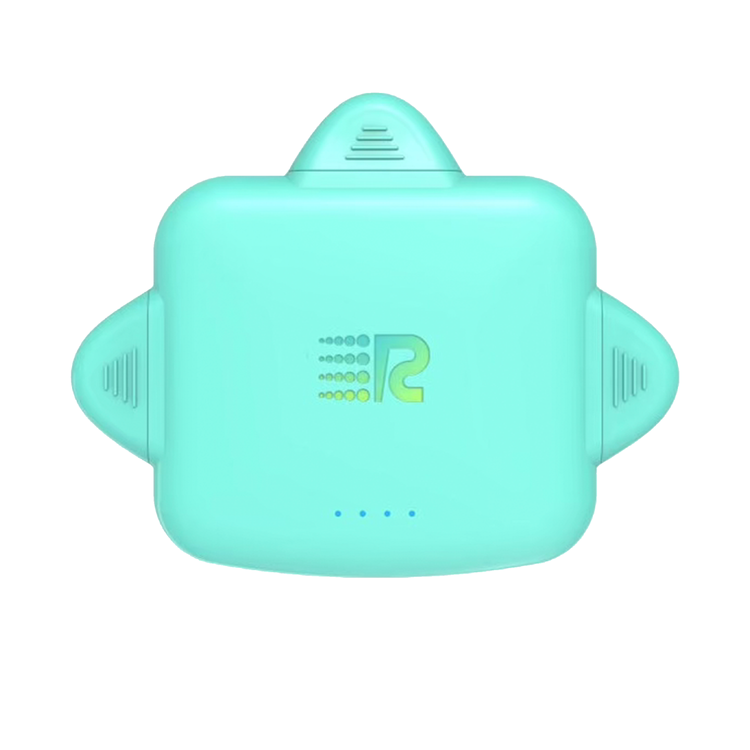 Mint green electronic device with a logo on a white background
