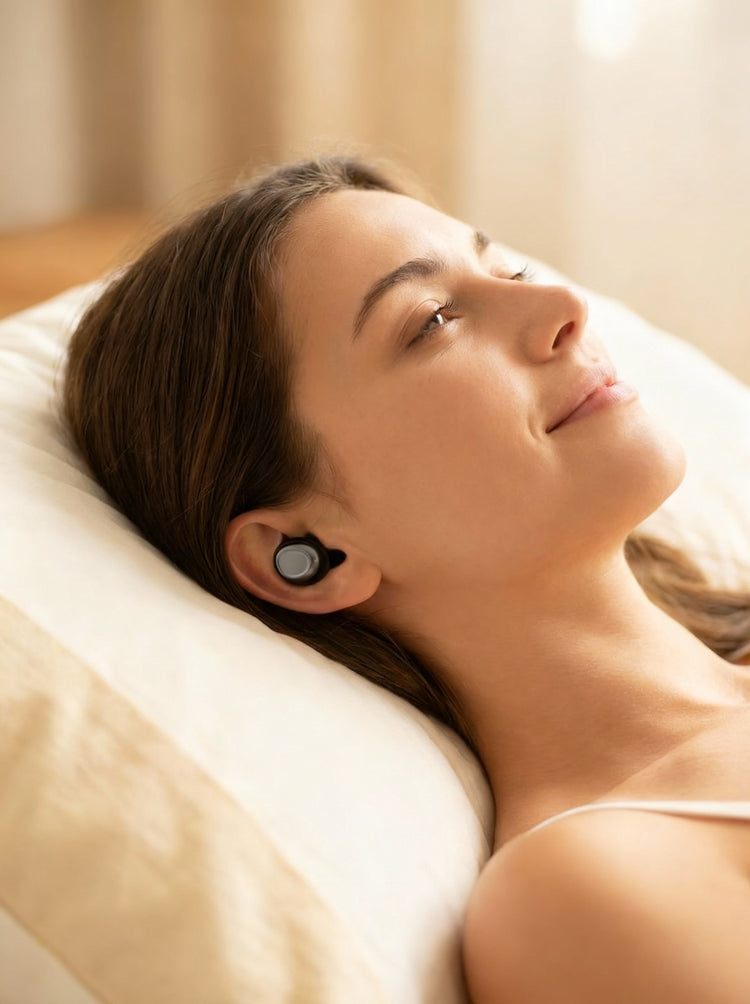Woman using earbuds while sleeping
