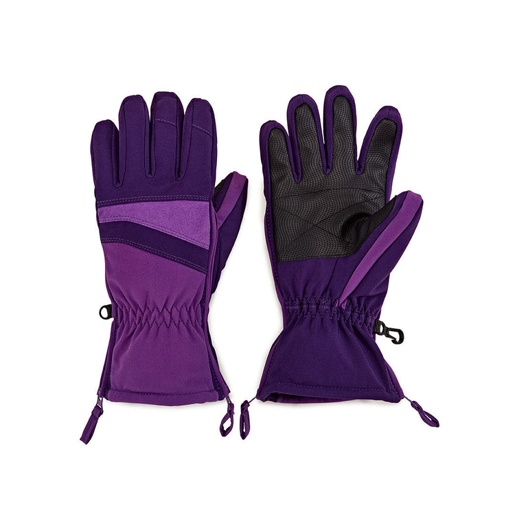 Pair of purple gloves with black accents on a white background