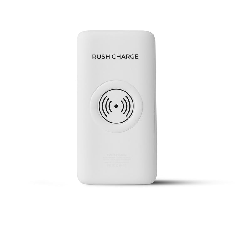 A portable power bank with a attached UV light sanitizing device, and cables connected to a smartphone and earbuds, placed on an outdoor surface.