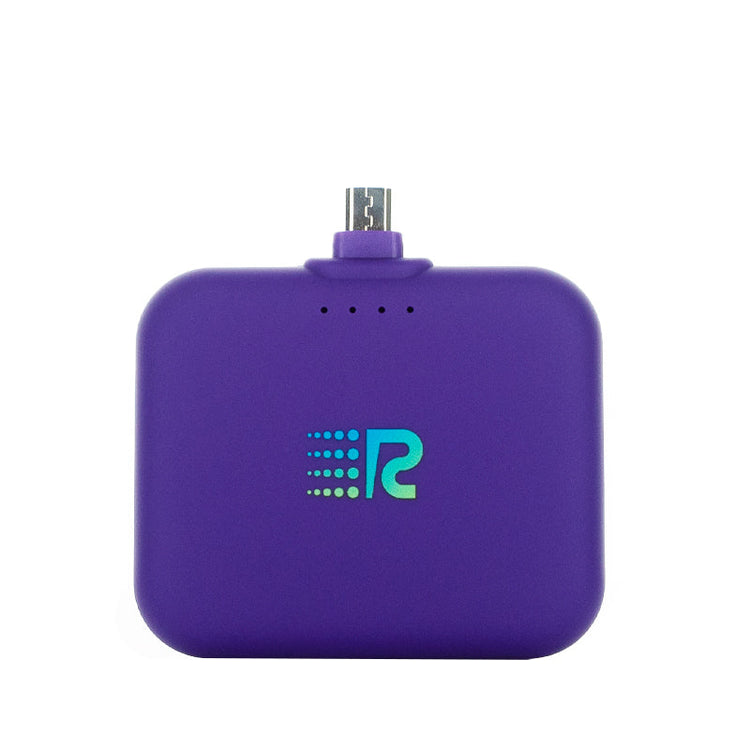A compact and portable black charger with a logo on the front, featuring a single charging port.