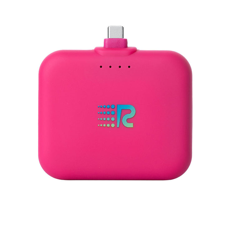 A compact and portable black charger with a logo on the front, featuring a single charging port.