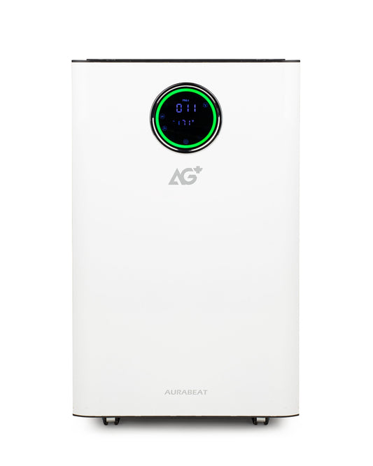 White air purifier with digital display on a white background