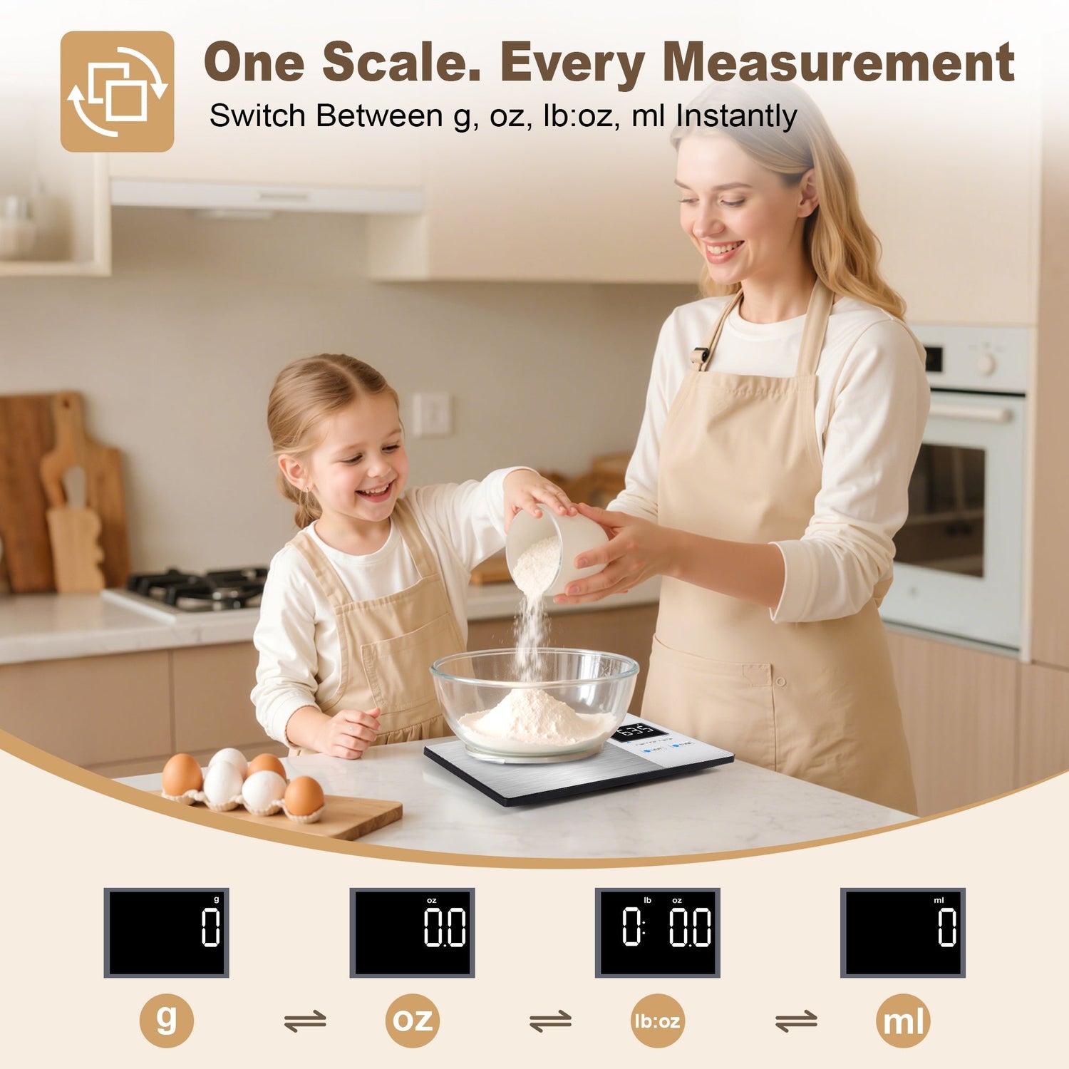 Woman and child in a kitchen using a digital kitchen scale with measurement conversion graphics.
