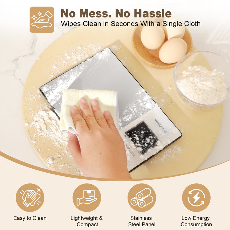 Person cleaning a stainless steel panel with a cloth on a kitchen counter, with text highlighting features.