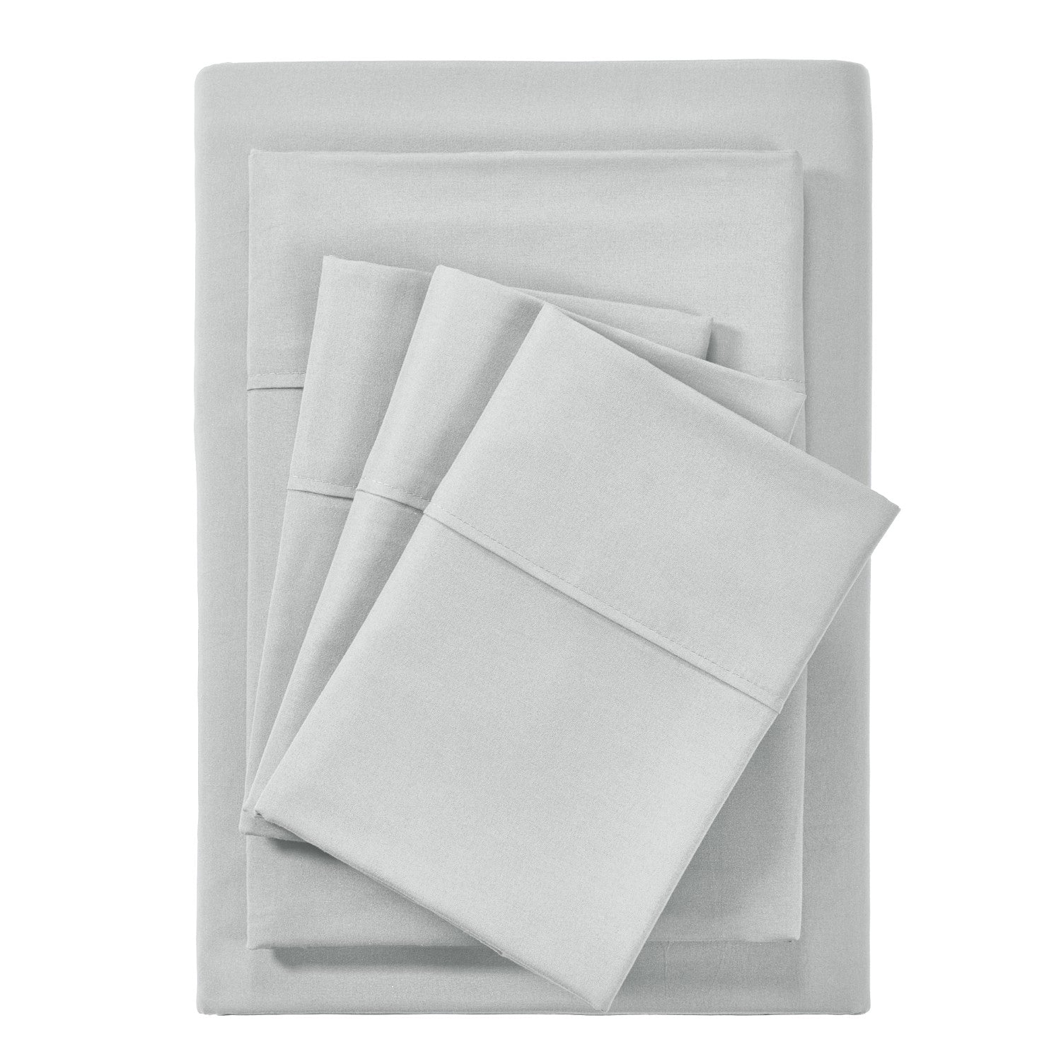Set of light gray bed sheets and pillowcases on a white background