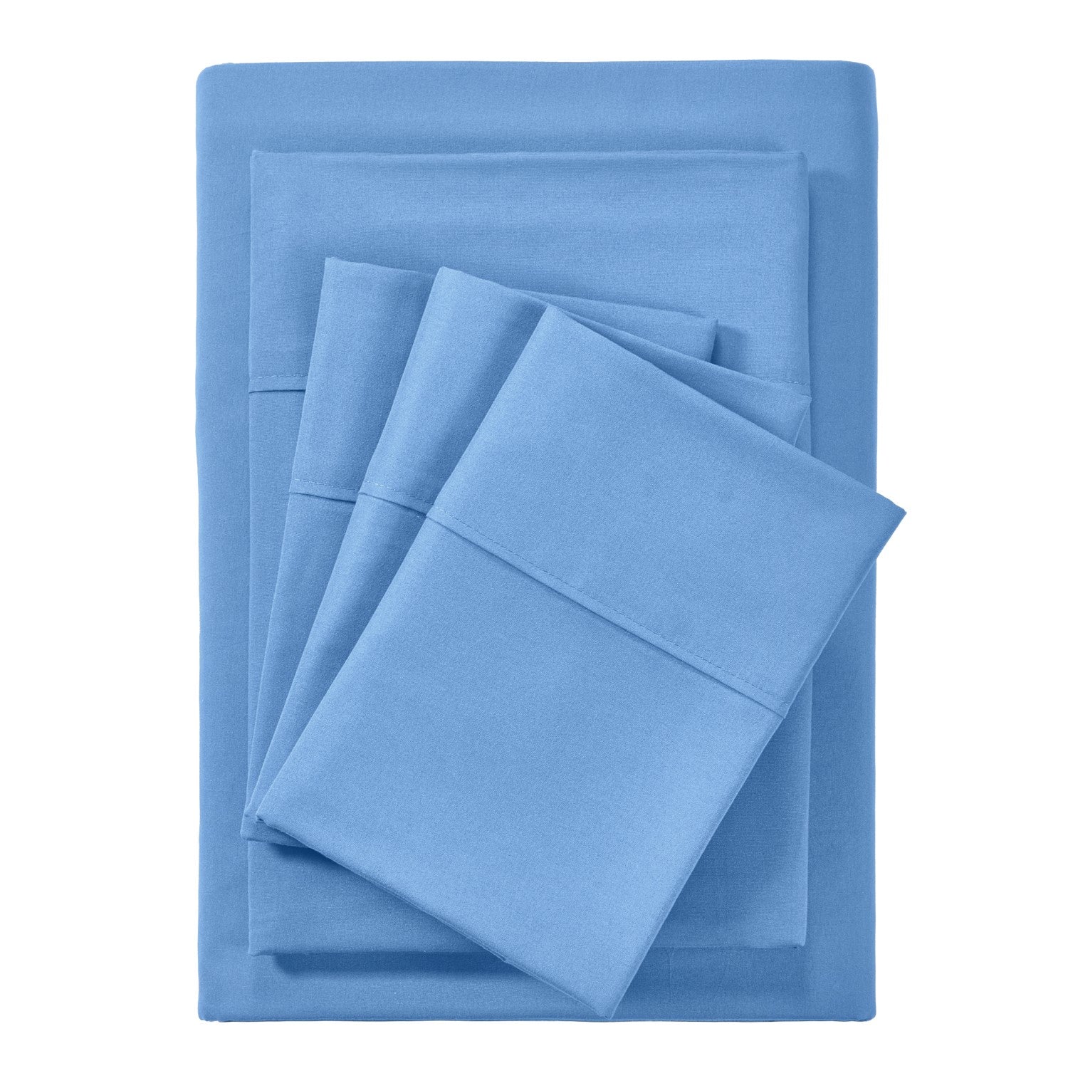 Set of blue bed sheets and pillowcases on a white background