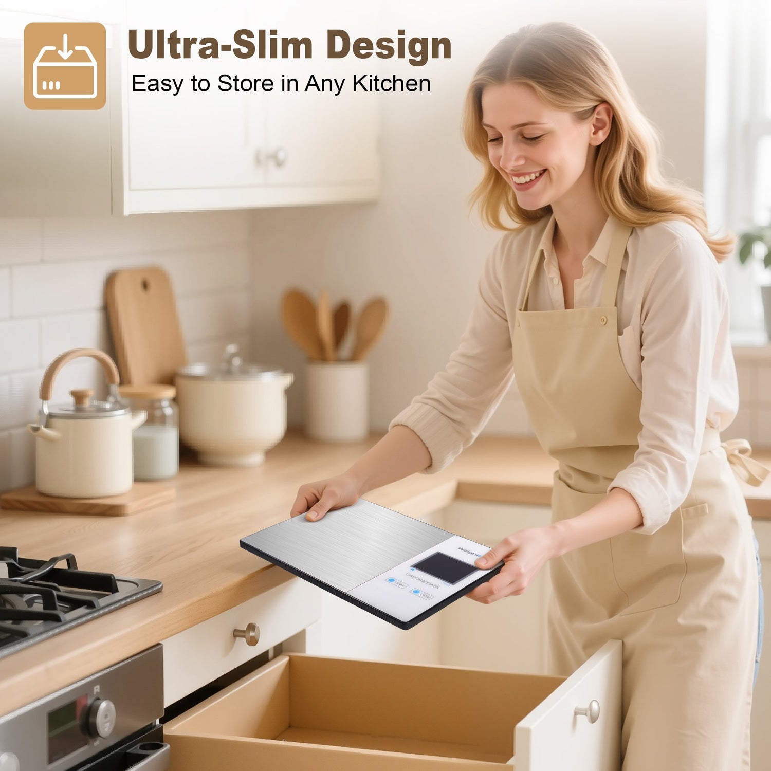 Woman in a kitchen using a slim product, with text 'Ultra-Slim Design' and 'Easy to Store in Any Kitchen'.