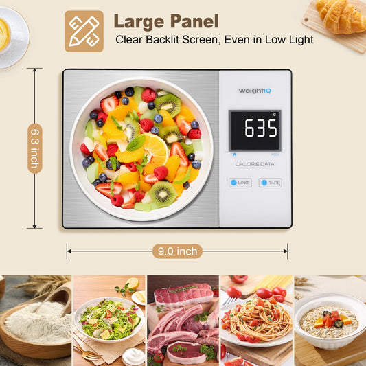 Digital kitchen scale with metallic finish on a white background