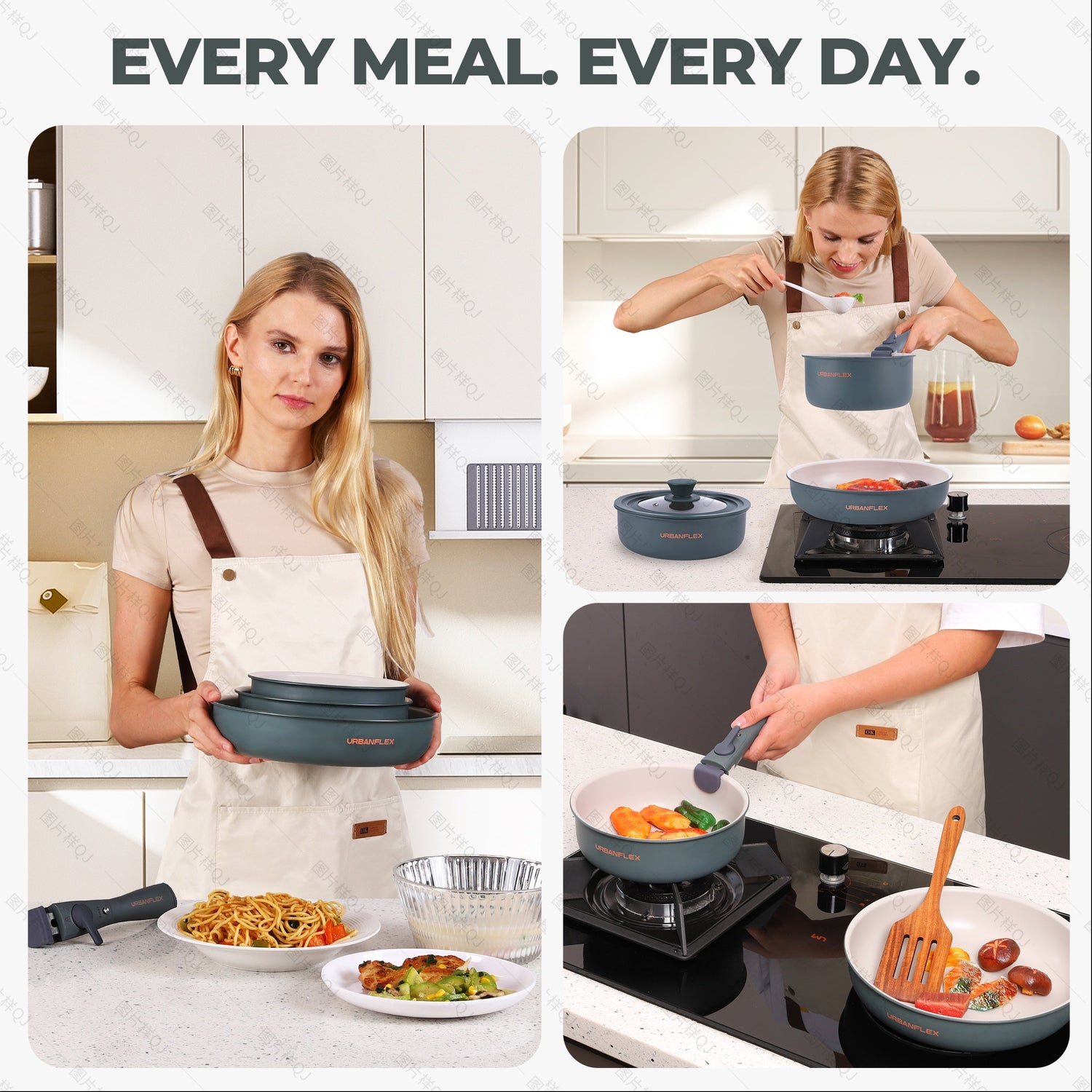 Woman in a kitchen using cookware with text 'Every meal. Every day.'