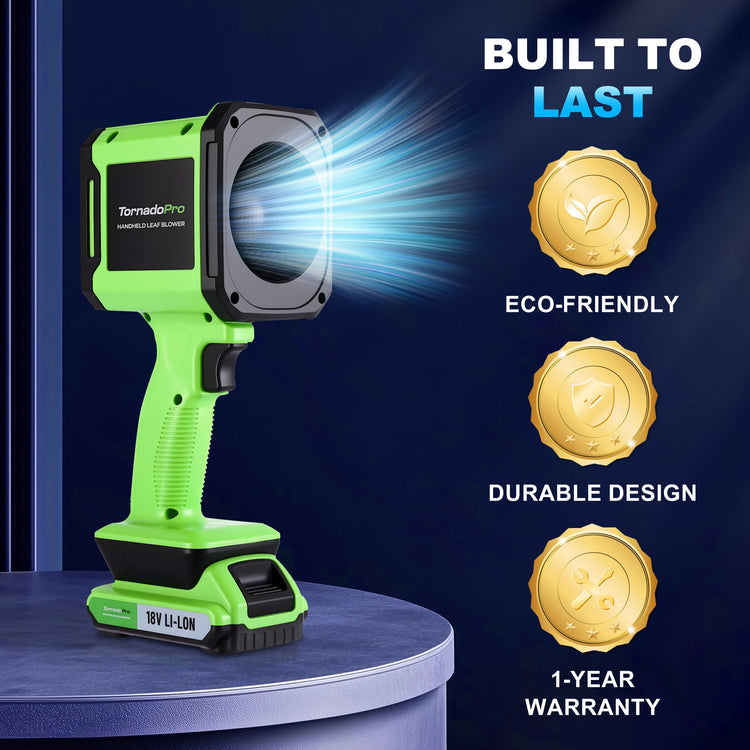 Green cordless work light with 'TornadoPro' branding on a dark blue background, featuring eco-friendly, durable design, and one-year warranty icons.