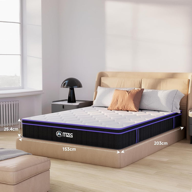 Mattress on a bed with dimensions labeled in a bedroom setting