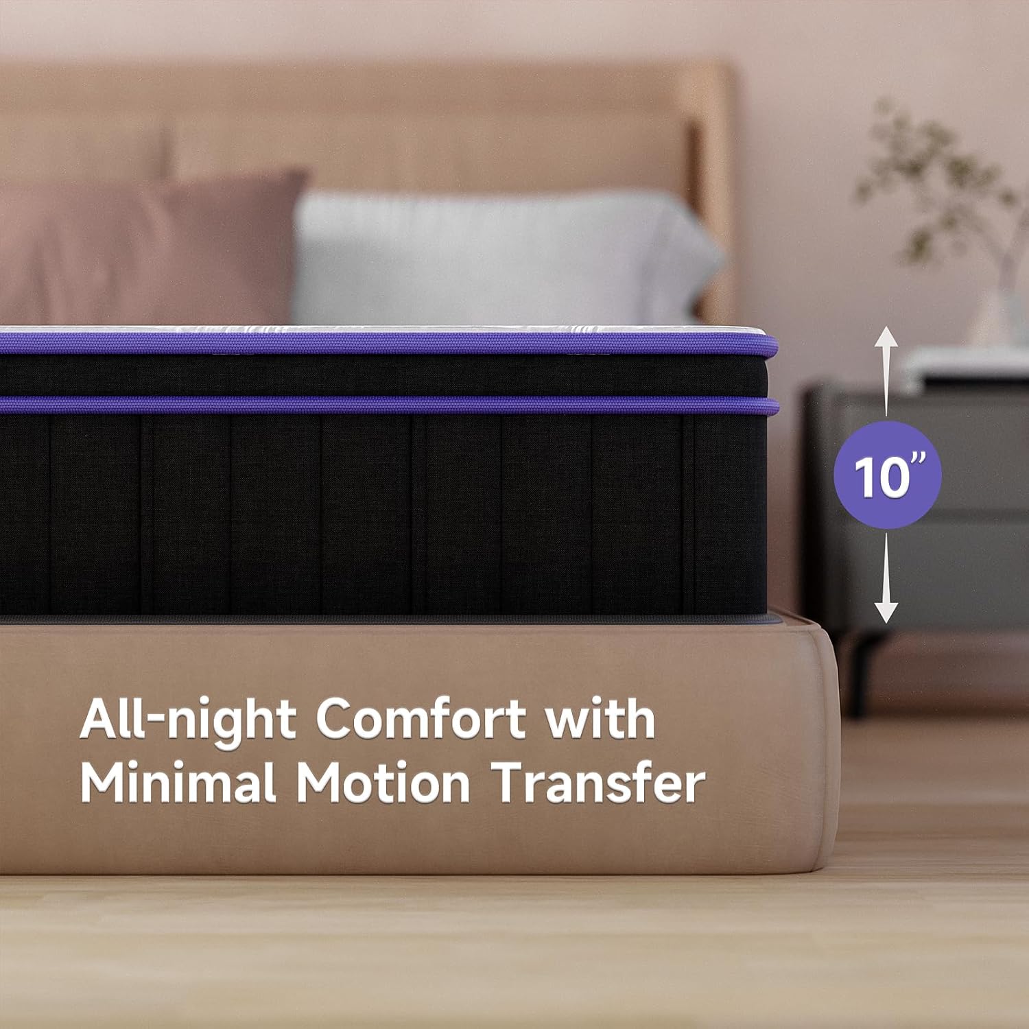 Mattress with 10-inch thickness labeled, showing 'All-night Comfort with Minimal Motion Transfer' text.