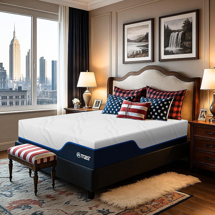 Bedroom with a mattress on a bed, city view through window, and framed pictures on the wall.