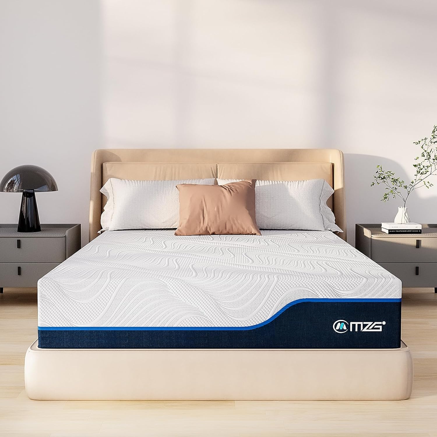 Mattress on a bed with MZS logo in a bedroom setting