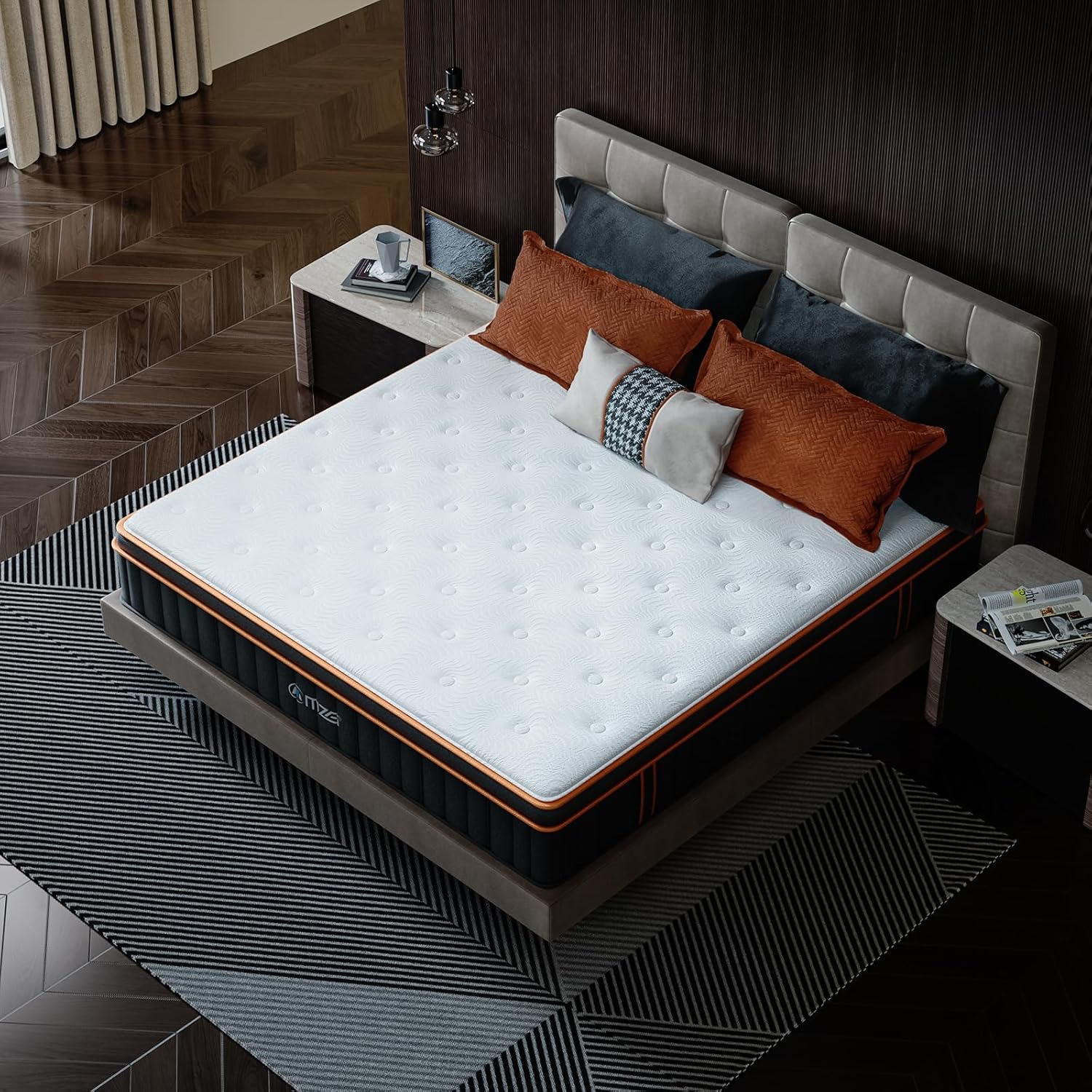 Mattress on a bed with decorative pillows in a bedroom setting