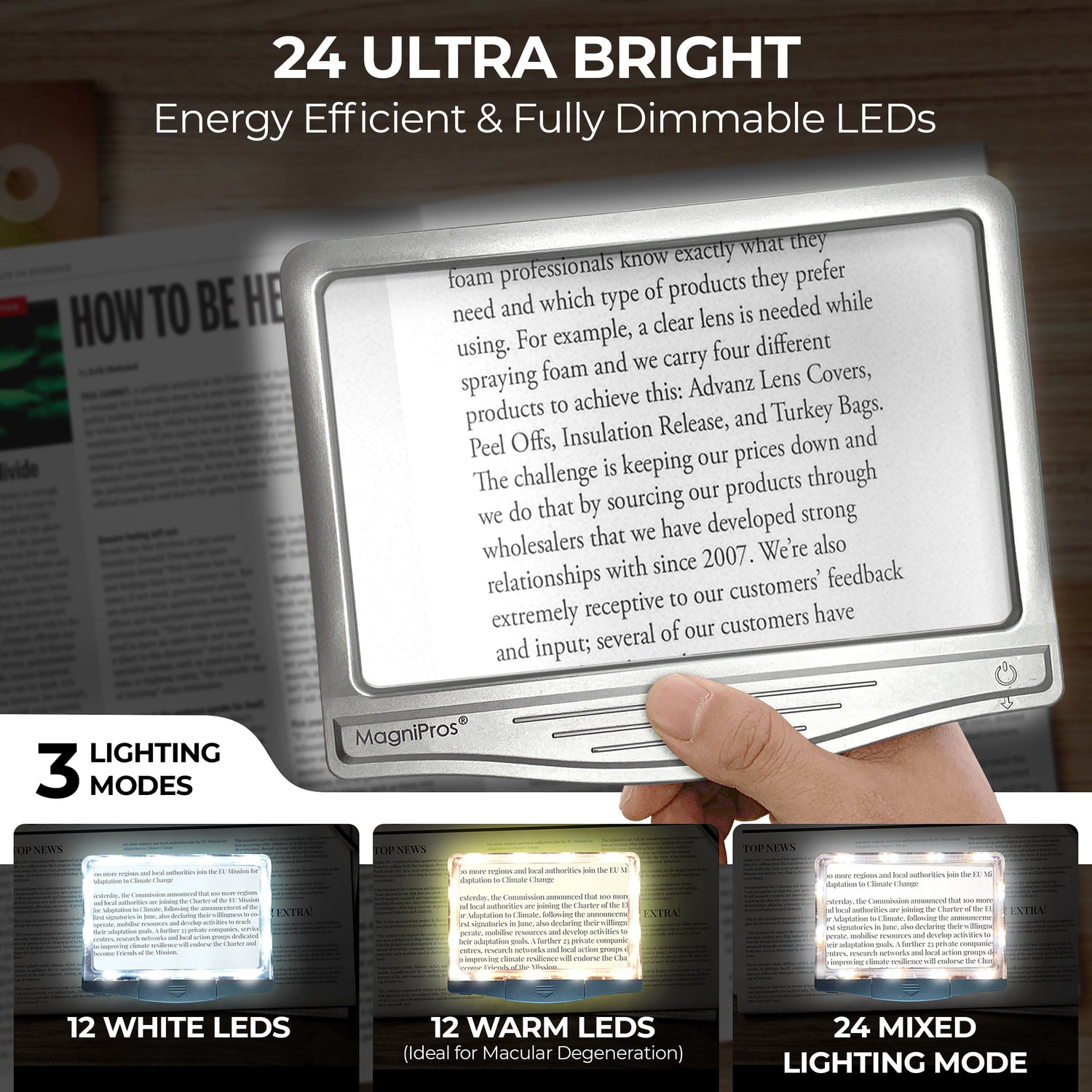 Hand holding a MagniPros reading light over a magazine with text, showing different LED lighting modes.
