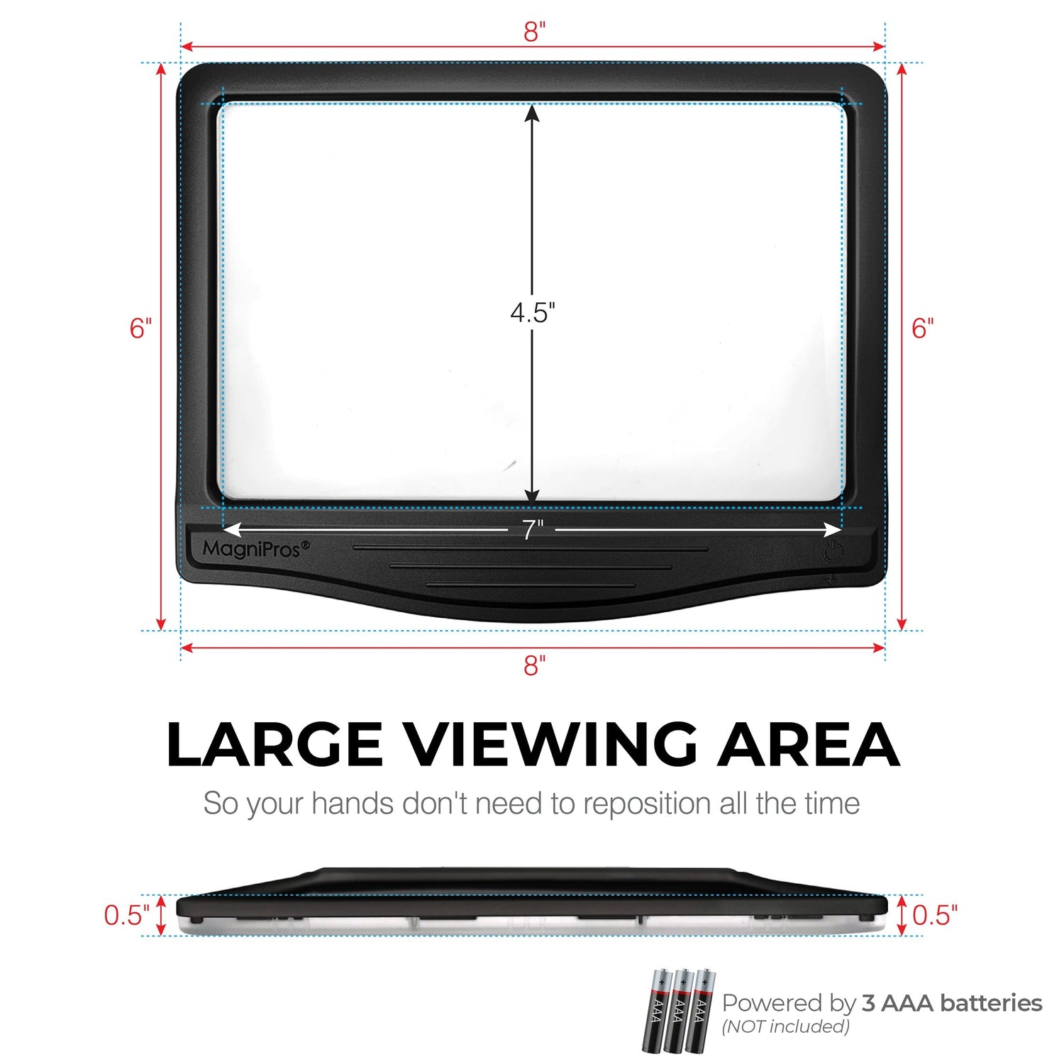 Measurement chart of a MagniPro magnifying glass with dimensions and text about large viewing area.
