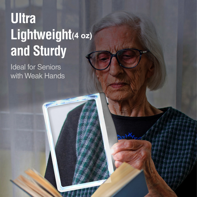 Older woman holding a small mirror with text about product features