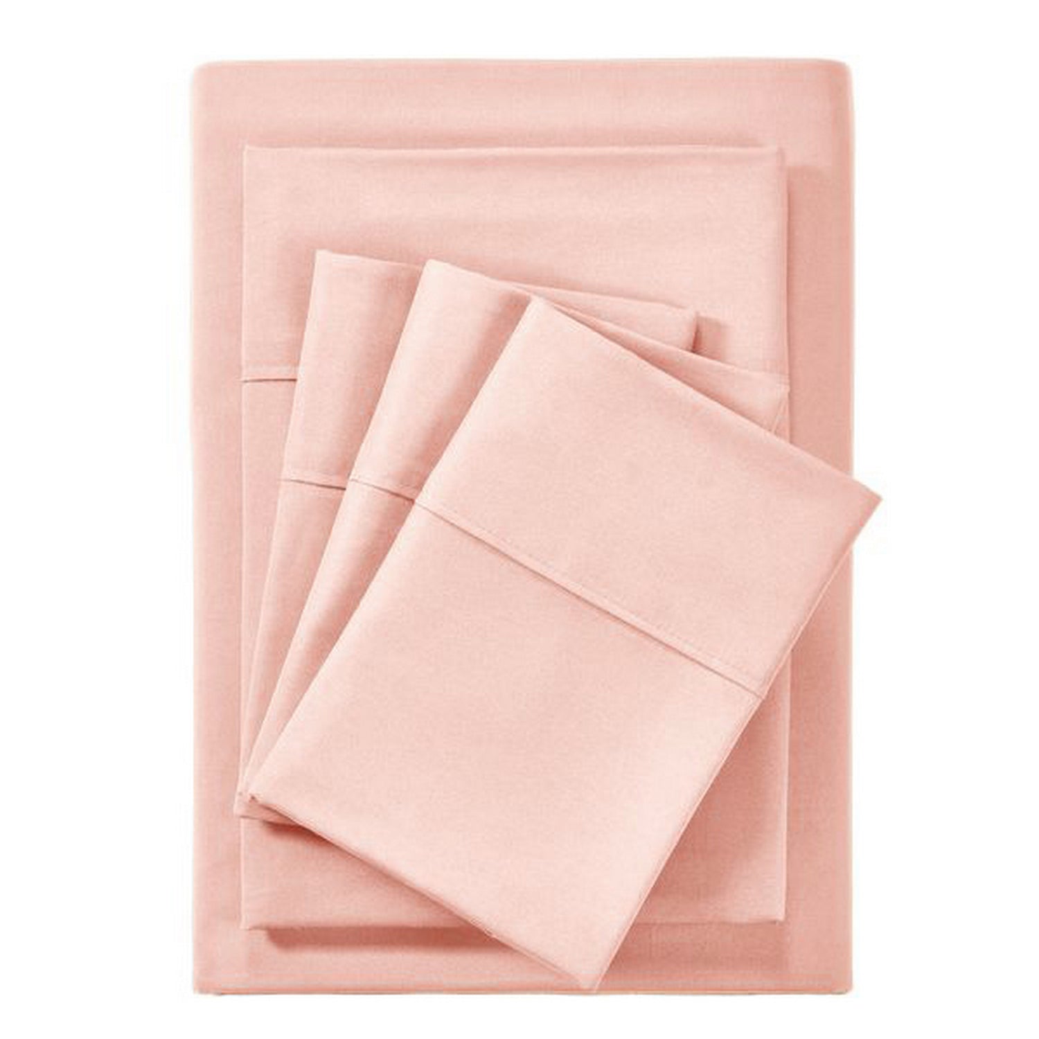Set of pink bed sheets and pillowcases on a white background