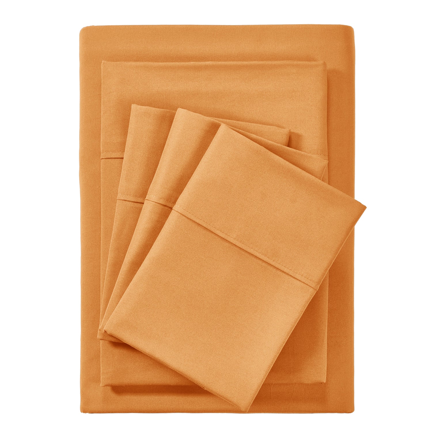 Orange bed sheets and pillowcases set on a white background