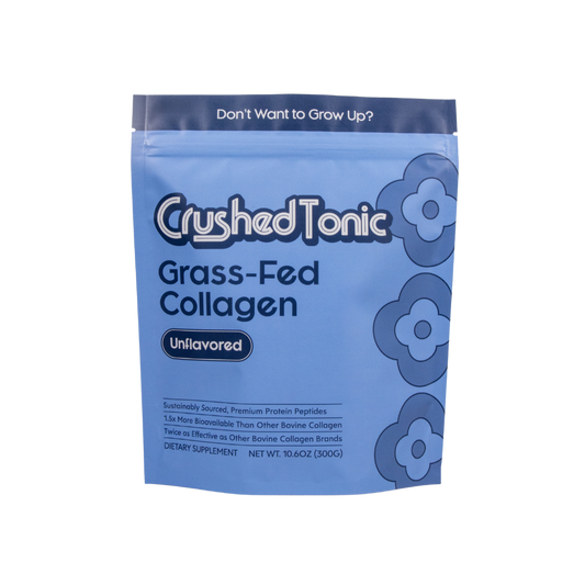 Blue package of Crushed Tonic Grass-Fed Collagen on a white background
