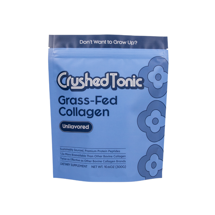Blue package of Crushed Tonic Grass-Fed Collagen on a white background