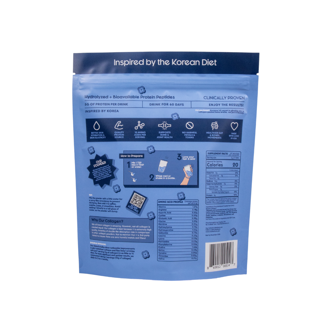 Blue package with text and icons on a white background