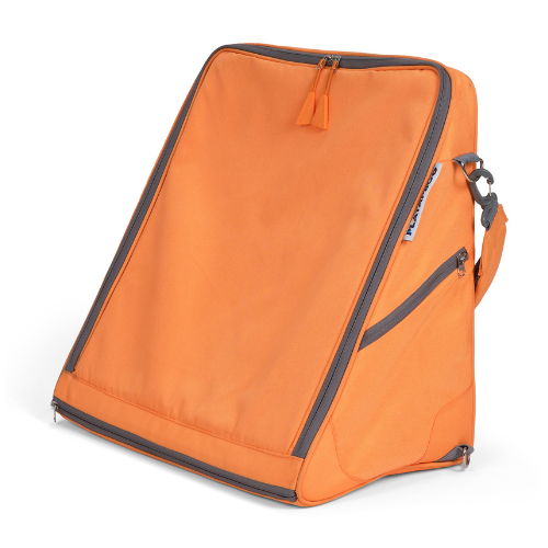 Orange backpack with black zippers on a white background