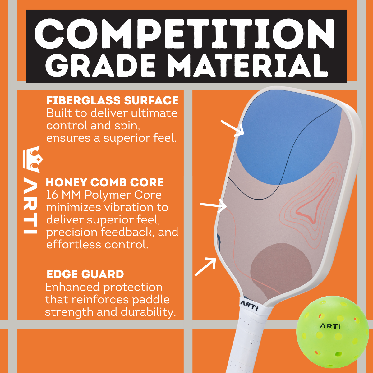 Pickleball paddle with features highlighted on an orange background