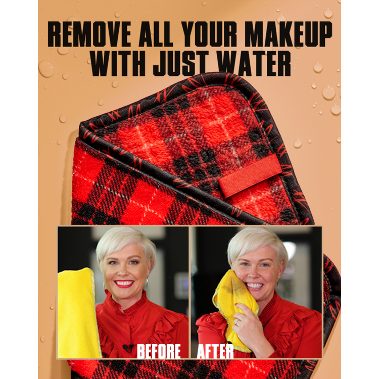Product advertisement with a red and black plaid towel and 'Before' and 'After' images of a woman using the towel.