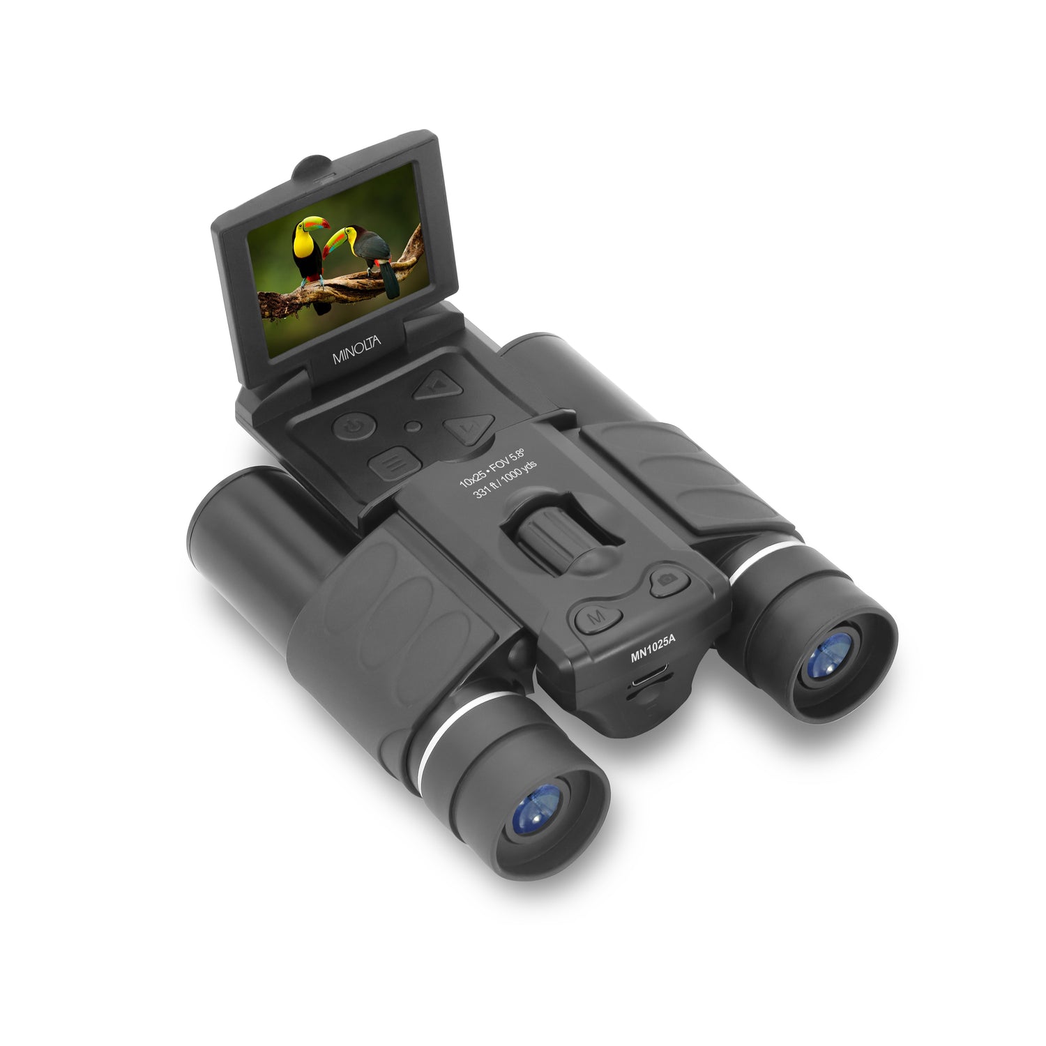Digital binoculars with a screen displaying an image on a white background