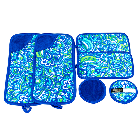 Blue and green patterned pet travel set with a bag, bowl, and mat on a white background.