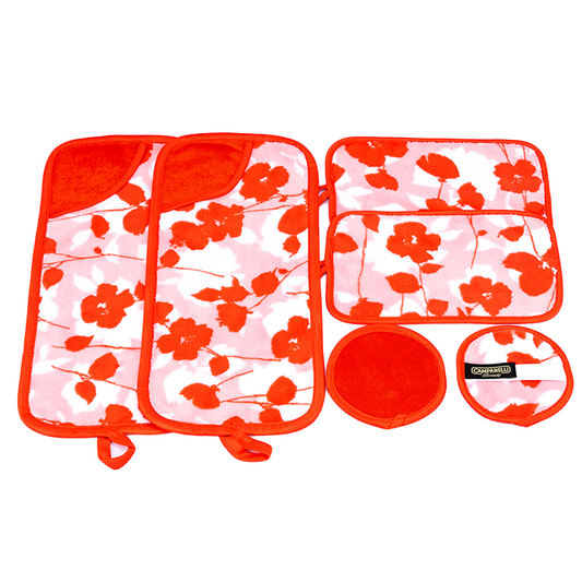 Set of floral-patterned pot holders and trivets on a white background
