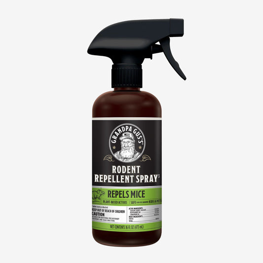 Bottle of Grandpa Gus' Rodent Repellent Spray on a white background