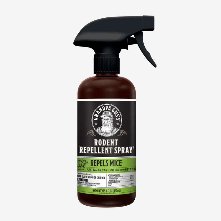 Bottle of Grandpa Gus' Rodent Repellent Spray on a white background