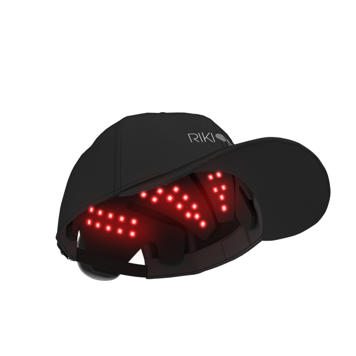 Black cap with LED lights on a white background, featuring the brand 'RIKI'.