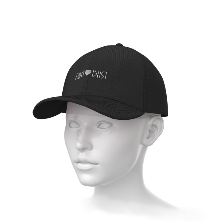 Black cap with white text on a mannequin head against a white background