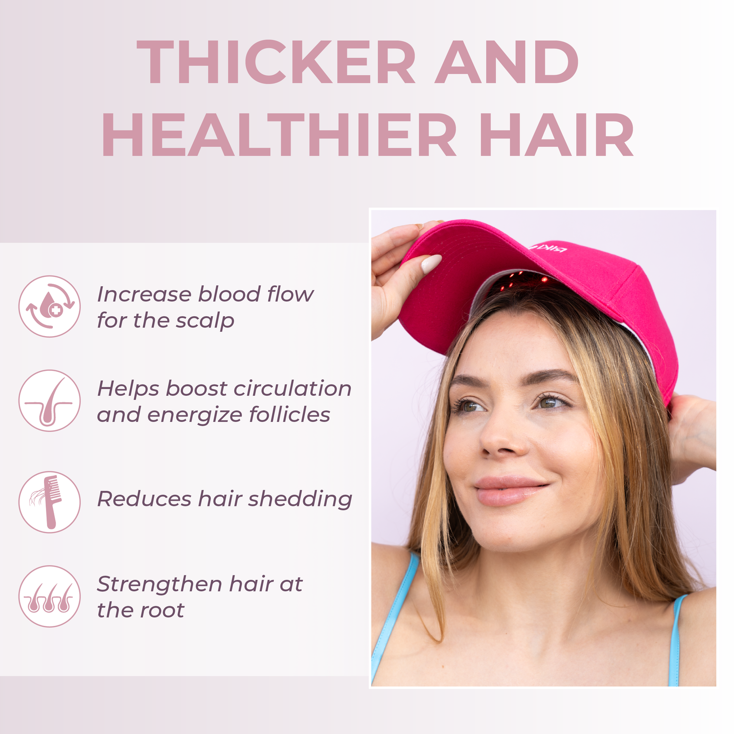 Woman wearing a pink cap with text about hair health benefits on a light pink background