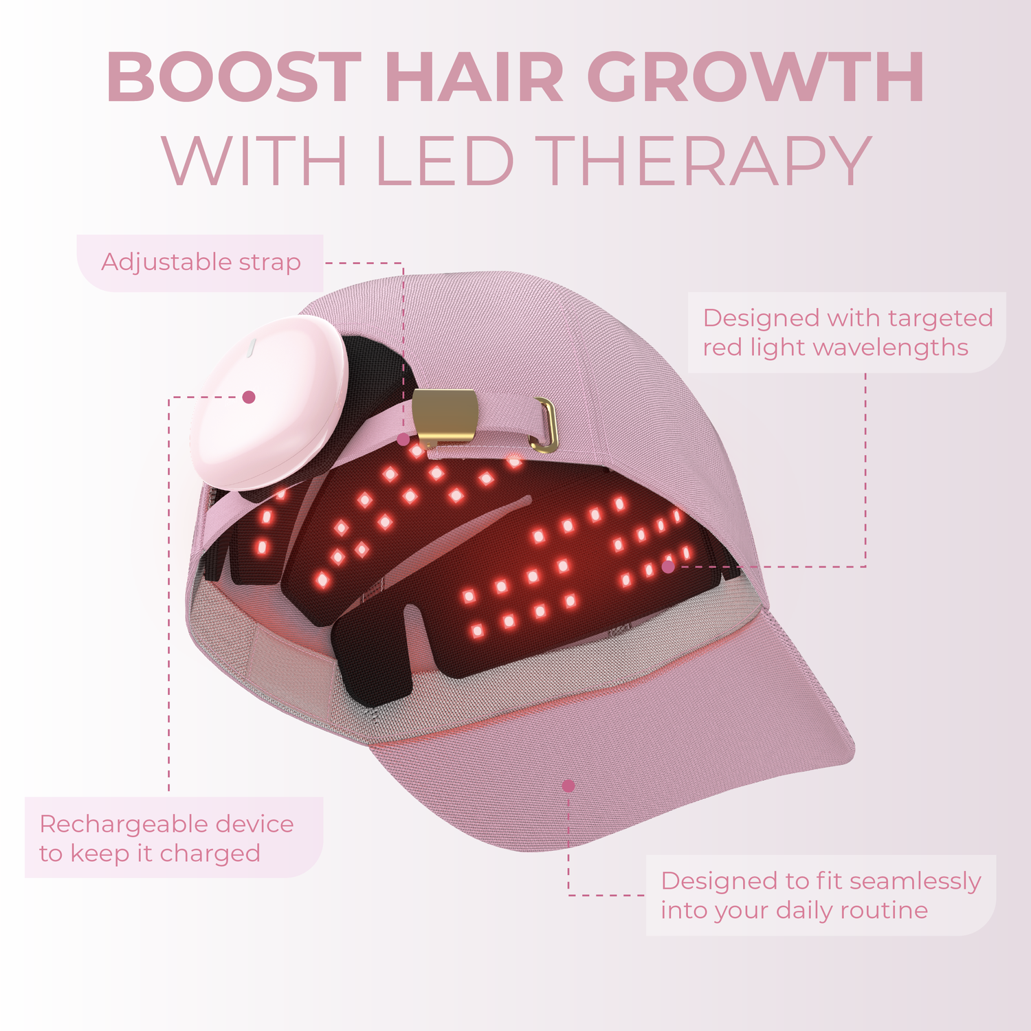 Pink cap with LED lights for hair growth therapy on a white background