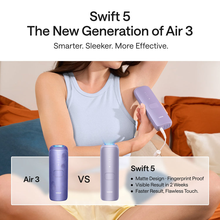 Person using a purple device on their arm with text comparing Swift 5 to Air 3.