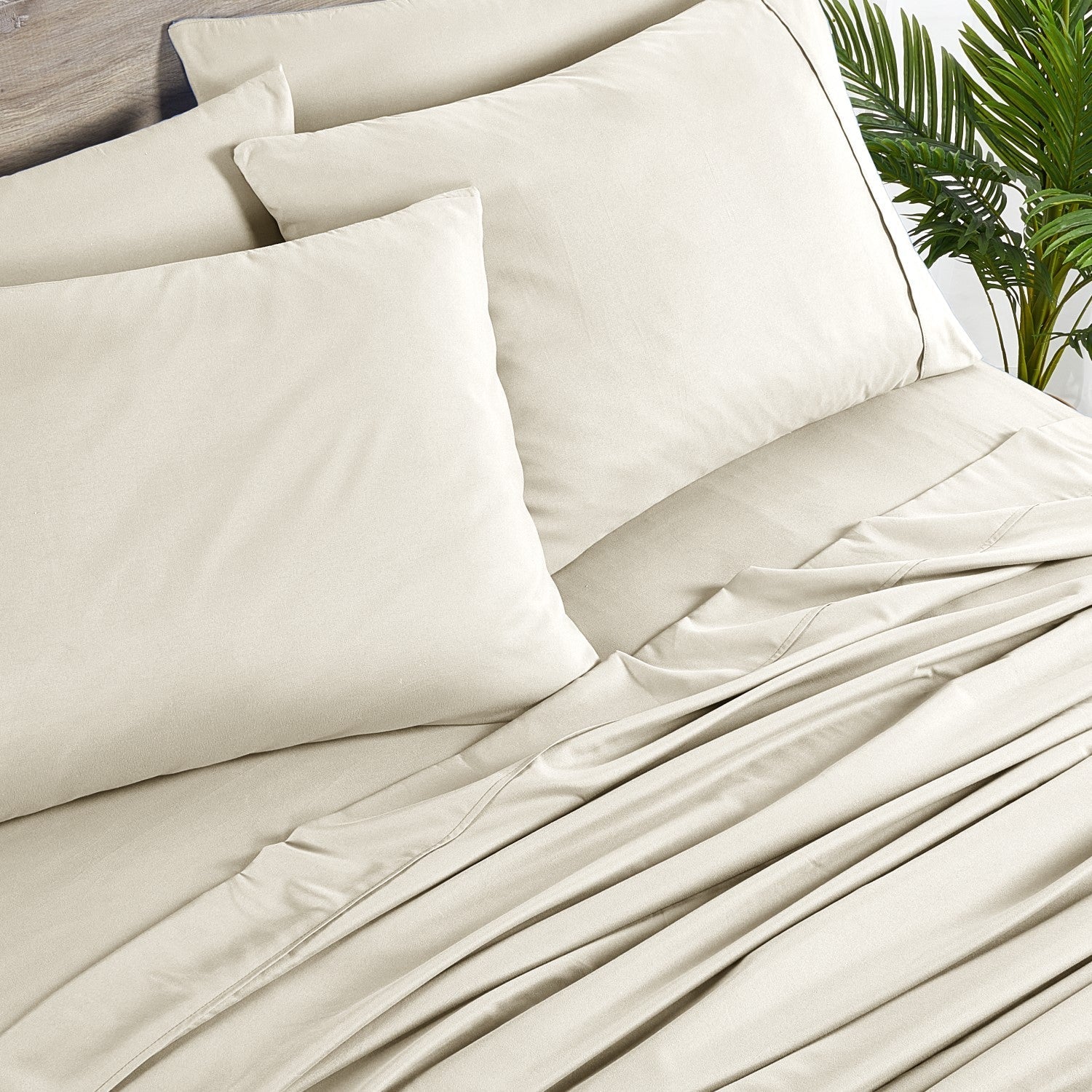Beige bedding set with pillows on a bed, featuring a plant in the background.